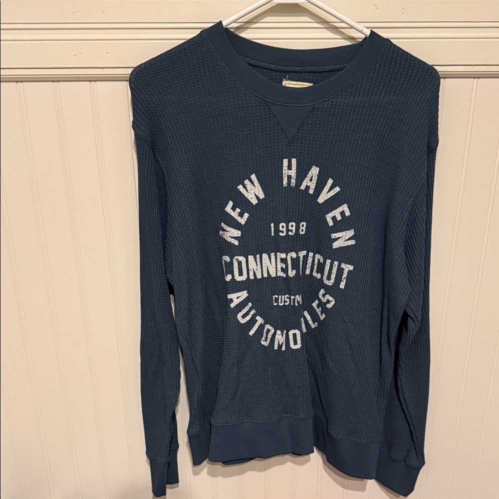 Modish Rebel Crewneck Waffle-Knit Sweater - Blue New Haven Graphic NWOT